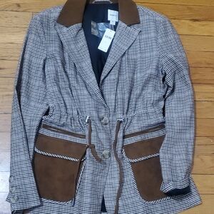 Womens Brown Houndstooth Drawstring Jacket with Suede Accents